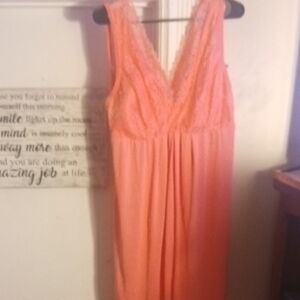 Women's Long Silk Pink Nightgown With Lace And Built In Bra Padding